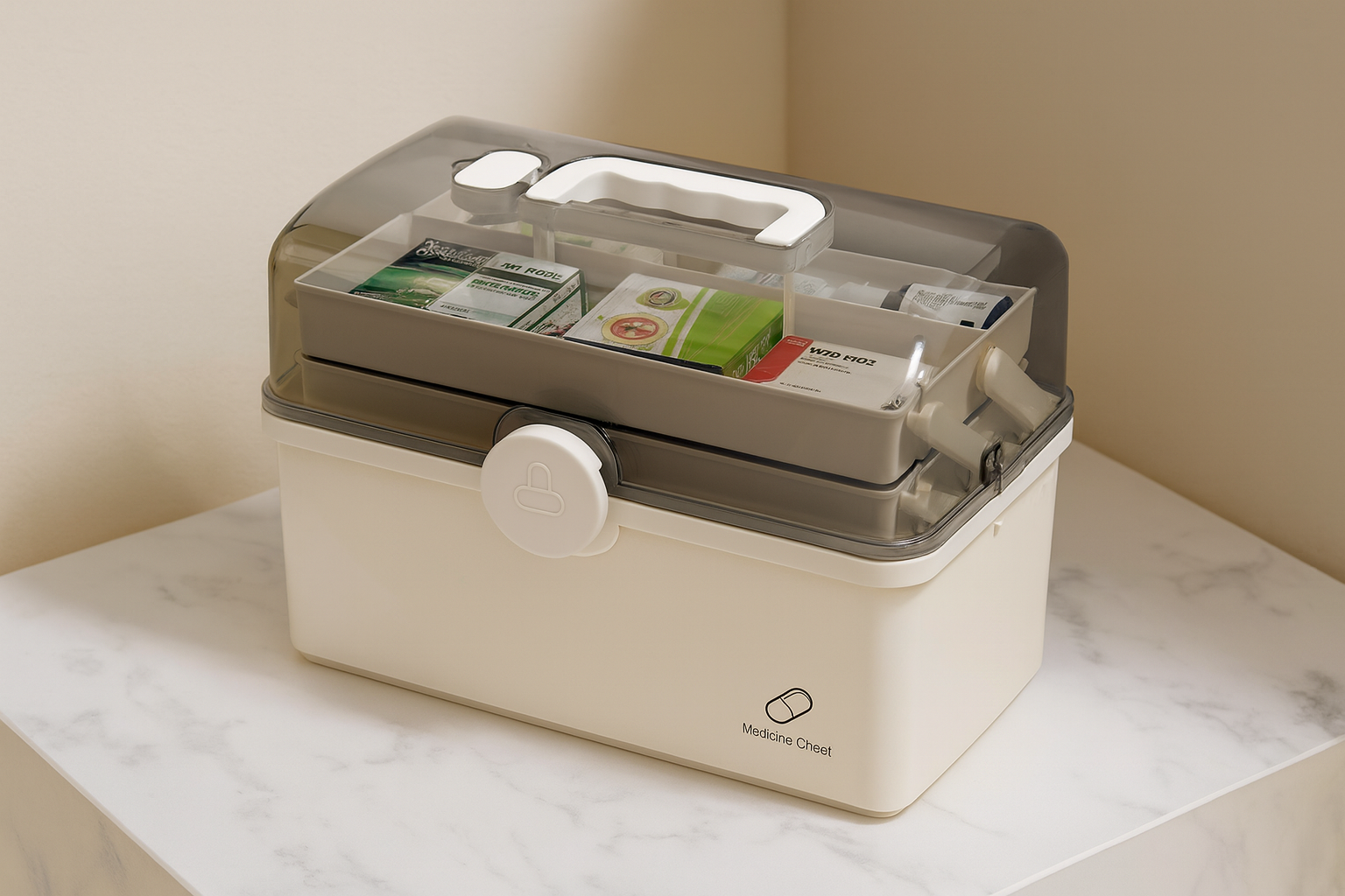 Wielopoziomowy pojemnik na leki z blokadą