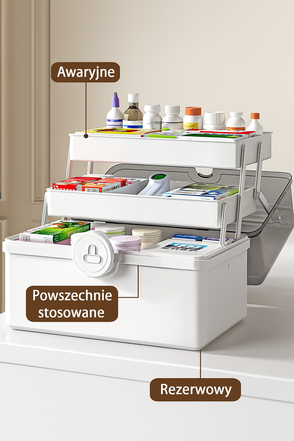 Wielopoziomowy pojemnik na leki z blokadą